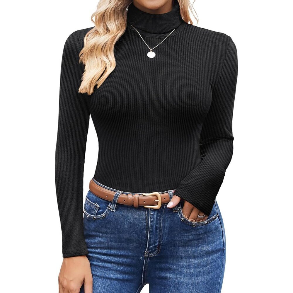 Women's Ribbed Turtleneck Sweater Long Sleeves Thermal Blouse Medium